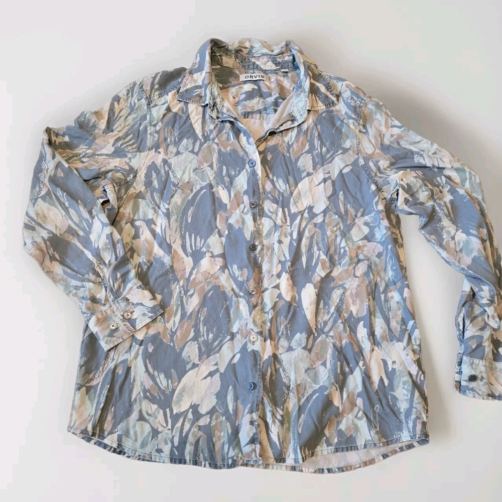 Size M Orvis 100% Silk Floral Button Up Blouse Water Color Lagenlook Gray Blue